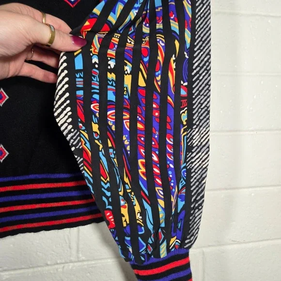 Vtg Abstract Pattern Mix Ruffle Knit Pullover Sweater Blouse Top Multi XL Bright - Picture 7 of 9